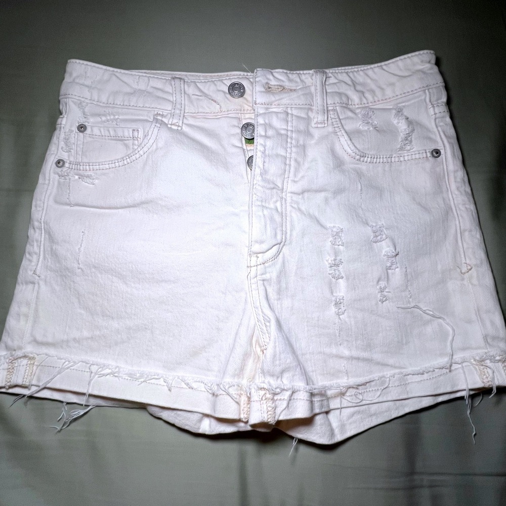 Pilcro‎ & Letterpress Off White Distressed Denim Shorts High Rise Button Fly 28
